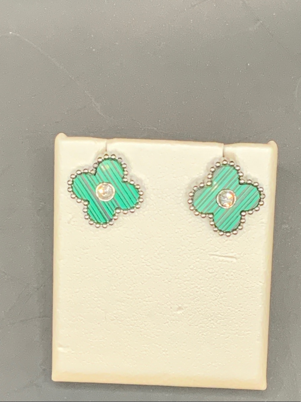 Green Clover Stud Earrings with Crystal Center